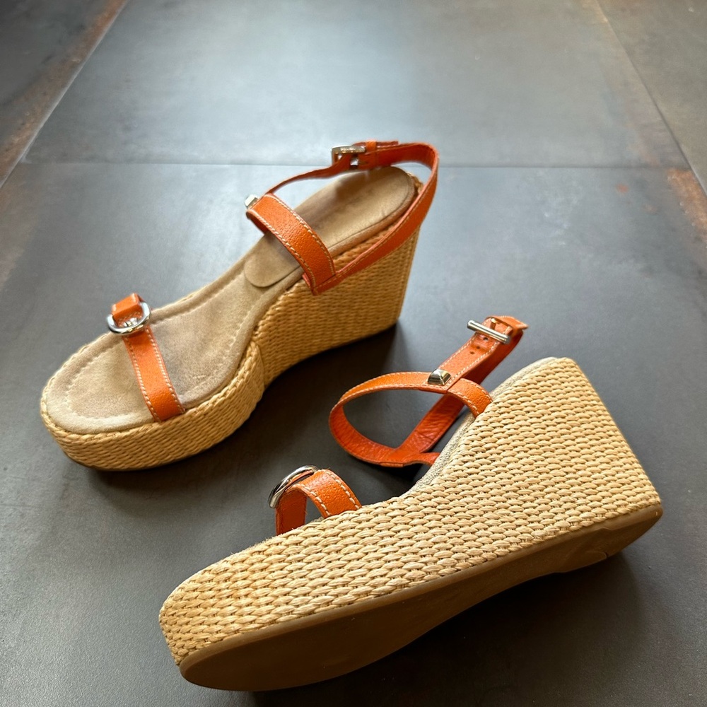 Prada wedge platform sandals, orange leather straps w. silver buckles, size 38.5